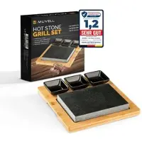 MUVELL Hot Stone Granitstein Heißer Stein Grill Bambusbrett + 3 Dipschälchen (Schwarz, 6-Teilig)