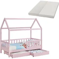 Juskys Kinderbett Marli 80 x 160 cm mit Matratze, Bettkasten, Lattenrost & Dach - Holz Rosa
