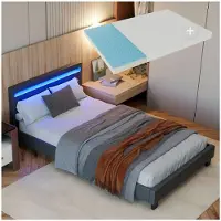 Juskys Polsterbett Paris - 120x200 cm - Bettgestell inkl. LED-Beleuchtung, Lattenrost & Matratze - grau - Kunstleder - Einzelbett Jugendbett