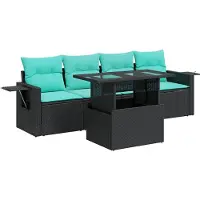 vidaXL 5-tlg. Garten-Sofagarnitur mit Kissen Schwarz Poly Rattan Akazie