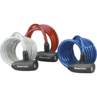 Master Lock Kabelschloss mit Schlssel, Lnge: 1,8 m, Durchmesser: 8 mm; verschiedene Farben; 3er-Pack, Kabelschloss, Blau, Rot, Transparent, Stahl, Vinyl, Stahl, Schlüssel
