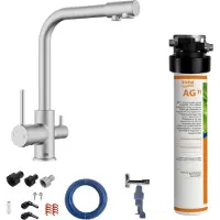 BieTal Untertisch Wasserfilter Aktivkohle 3-Wege Hahn Edelstahl Look Wasserstop