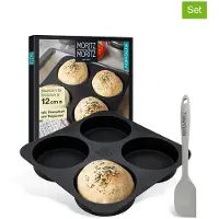 Moritz und Moritz Moritz&Moritz Backform Burger Buns, für 4 Brötchen, Silikon, 26,5 x 26,5 x 4,5cm schwarz, mit Teigschaber, Brötchenbackform