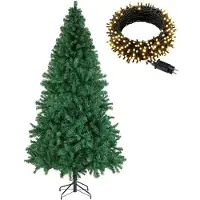 TecTake Set Weihnachtsbaum mit Lichterkette künstlich in Grün, mit dichten Nadeln pulverbeschichteter Metallständer mit Kunststoffkappen