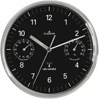 Dugena Funk-Wanduhr, Quarzwerk, mit Thermo- und Hygrometer, Edelstahl, Schwarz