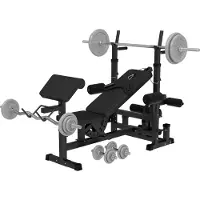 Gorilla Sports Multifunktion Hantelbank - inkl. Hantelset mit 108 kg Gewichten, Verstellbar, mit Langhantel-Ablage, Curlpult und Butterfly, Dip-Station, Beinstrecker - Trainingsbank, Kraftstation