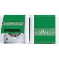 JUNG 8220 GN NAWEB Steckdose 2-fach mit E-Bike Ladesymbol + Klappdeckel + Schriftfeld IP44 grau/grün
