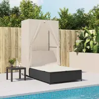 vidaXL "im Angebot" Doppel-Sonnenliege - 2-Personen-Liegestuhl - für den Garten - mit Dach und Vorhängen Schwarz Poly-Rattan - Gartenliegen CC16926