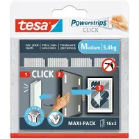 TESA Powerstrips CLICK MEDIUM, 5,4 kg, 16 x 2 Streifen Multipack, selbstklebend, für Wandbefestigung