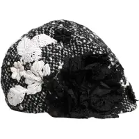 Dolce&Gabbana Schwarzer Wollhut mit weißen floralen Verzierungen