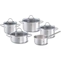 Fissler Palermo / Edelstahl-Topfset 5-teilig, Töpfe inkl. Glasdeckel (3 Kochtöpfe, 1 Bratentopf, 1 Stielkasserolle) – Induktion