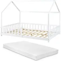 En.casa Hausbett ‘Hesel’ für Kinder mit Matratze Rausfallschutz Lattenrost 140 x 200 cm Weiß