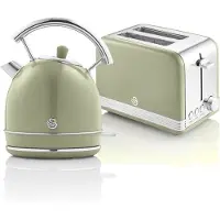 Swan STP7050GNEU Retro Set Frühstück, Wasserkocher 1,8L Kabellos, 2 Breitschlitz-Toaster, Vintage Grün