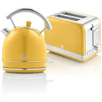 Swan STP7050YELNEU Retro Set Frühstück, Wasserkocher 1,8L Kabellos, 2 Breitschlitz-Toaster, Vintage Gelb