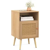 Coast Nachttisch Rattan Beistelltisch 40x39x70 cm - Naturfarbe - mit Tür, offenem Regal und Holzbeinen - Landhausstil