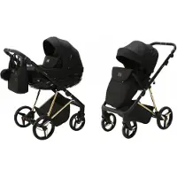 Adamex Quantum Kinderwagen 3in1 Black/Gold – leichter Kinderwagen mit Babywanne, Sportsitz, Zubehör & großem Einkaufskorb