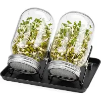 Relaxdays Sprossenglas 2er Set, Ständer & Abtropfschale, Keimglas für Sprossen, 850 ml, Sprossenanzucht, klar/schwarz