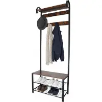 Relaxdays Garderobe, Schuhbank mit 2 Ablagen, 9 Haken, Hutablage, Kleiderständer HBT 182 x 69 x 30 cm, schwarz/ braun