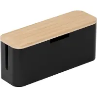 Relaxdays Kabelbox für Steckdosenleiste, Bambus, Deckel HBT 14,5x34x11cm, Kabel verstecken, Steckdosenbox, natur/schwarz