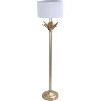Relaxdays Stehlampe, Palmenblatt-Sockel, Stoffschirm, E27-Fassung, Wohnzimmer, Schlafzimmer, Standlampe, weiß/gold