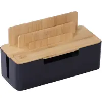Relaxdays Kabelbox, für 2 Steckdosenleisten, Kunststoff, Bambus, HBT: 16x30x13 cm, Tablet- & Handyhalter, natur/schwarz
