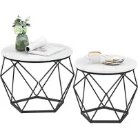 Relaxdays Couchtisch, 2er Set, Marmoroptik & Metall, Vintage-Design, runde Beistelltische, Wohnzimmer, weiß/schwarz