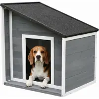 Relaxdays Hundehütte, Holz, wetterfest, klappbares Schrägdach, Hundehaus für kleine Hunde, HBT: 77x71x58 cm, grau/weiß