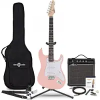 Gear4Music LA E-Gitarre Rosa im Bundle mit 15-Watt-Verstärker und Zubehör-Komplettset