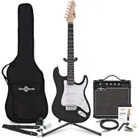 Gear4Music LA E-Gitarre Schwarz im Bundle mit 15-Watt-Verstärker und Zubehör-Komplettset