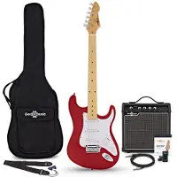 Gear4Music LA Select E-Gitarre Rot im Bundle mit 15-Watt-Gitarrenverstärker und Zubehör