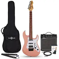 Gear4Music LA Select Modern E-Gitarre Rosa im Bundle mit 15-Watt-Verstärker und Zubehör