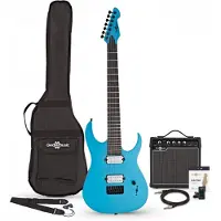 Gear4Music Harlem S 7-saitige E-Gitarre im Paket mit 15-Watt-Verstärker Blue Sparkle