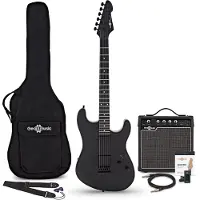 Gear4Music LA Select Modern E-Gitarre Blackout im Bundle mit 15-Watt-Verstärker und Zubehör