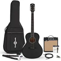 Gear4Music Parlor-Elektroakustikgitarre (linkshändig) Schwarz mit 15-Watt-Verstärker und Zubehörset