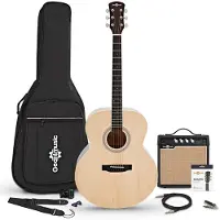 Gear4Music Jumbo Left Handed Electro Acoustic Gitarre Natural 15W Acoustic Amp & Accessory Pack