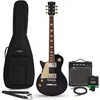 Gear4Music New Jersey Select Linkshändige E-Gitarre schwarz 10W Gitarrenverstärker & Zubehörpaket