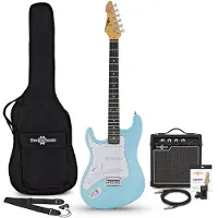 Gear4Music LA Select Linkshänder-E-Gitarre Blue Metallic im Bundle mit 15-Watt-Gitarrenverstärker und Zubehör