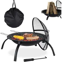 Relaxdays XL Feuerschale, mit Tasche, Grill Rost, Schürhaken, Funkenschutz Deckel, Garten, Terrasse, D 56,5 cm, schwarz
