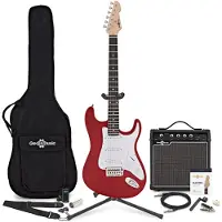 Gear4Music LA E-Gitarre Rot im Bundle mit 15-Watt-Verstärker und Zubehör-Komplettset