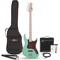 Gear4Music LA II-Bassgitarre Seafoam Green im Paket mit Tweed-15-Watt-Verstärker