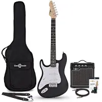 Gear4Music LA-Linkshänder-E-Gitarre Schwarz im Bundle mit 10-Watt-Verstärker und Zubehör