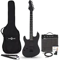 Gear4Music LA Select Modern Linkshänder-E-Gitarre Blackout im Bundle mit 15-Watt-Verstärker und Zubehör