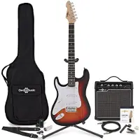 Gear4Music LA Linkshändergitarre Sunburst im Bundle mit 15-Watt-Verstärker und Zubehör-Komplettset