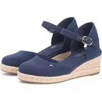 Tommy Hilfiger Keilsandalette "MID WEDGE ESPAD CLOSED TOE", Damen, Gr. 41, blau (dunkelblau), Leder, Textil, Schuhe Keilsandalette, Plateau, Sommerschuh mit verstellbarer Schnalle, schmale Form