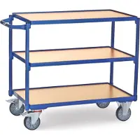 Fetra Tischwagen, leicht, 3 Etagen, L 850 x B 500 mm, bis 300 kg, Stahl/Holz, blau/buche