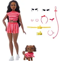 Barbie Twinning Looks Modepuppe mit Hündchen, zusammenpassende rote Outfits und Zubehörteile, schwarze Haare, Modepuppe, Weiblich, 3 Jahr(e), Junge/Mädchen, 295 mm, Mehrfarbig