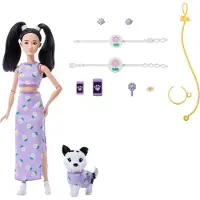 Barbie Twinning Looks Modepuppe mit Hündchen, zusammenpassende violette Outfits und Zubehörteile, schwarze Haare, Modepuppe, Weiblich, 3 Jahr(e), Junge/Mädchen, 295 mm, Mehrfarbig