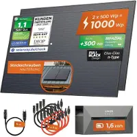 Solarway All In One Balkonkraftwerk mit Speicher 1000W komplett Steckdose - 1,6 kWh Anker Solix 2 PRO Speicher - Solaranlage Komplettset - 500W bifaziale Solarmodule & Anker Speicher & Zubehör