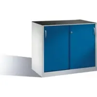 C+P Schiebetüren-Werkzeugschrank Acurado, B 1200 x T 600 x H 1000 mm, je Fachboden 70 kg, Stahl, lichtgrau/enzianblau