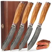 Wakoli 4er Damast Steakmesser-Set I 12,5 cm Klingen I Olivenholzgriffe und Hammerschlag